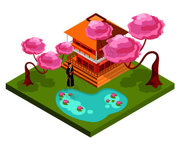 日本文化传统建筑宗教等距构图与尚寺庙前樱花矢量插图图片