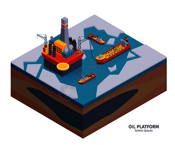 等距石油工业成与可编辑文本图像的石油提取平台上的冰矢量插图背景图片