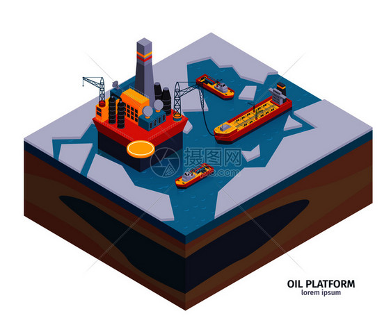 等距石油工业成与可编辑文本图像的石油提取平台上的冰矢量插图图片