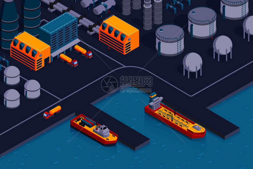 等距石油工业水平成与海岸站与厂房货船矢量插图图片