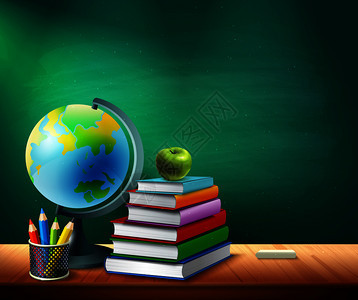 回学校背景与书籍,铅笔,锅地球桌子上的课堂现实矢量插图图片