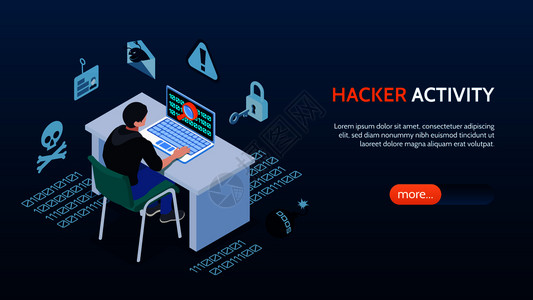 黑客数字网络安全等距水平横幅与黑客坐计算机前的蓝色背景三维矢量插图插画