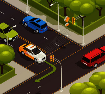 汽車 icon驾驶学校等距构图与室外风景的城市道路交叉口与训练车箭头矢量插图插画