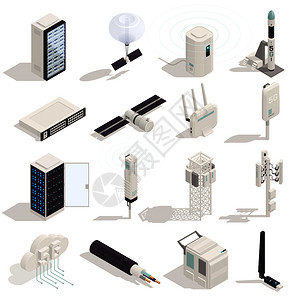 现代互联网5G通信技术等距16个网络电子图标与阴影矢量插图图片