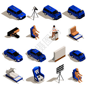 碰撞测试汽车安全等距与损坏的汽车,假人座椅的孤立图像与阴影矢量插图图片