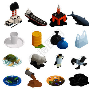 海洋污染隔离集与十六个图标废物材料项目空白背景矢量插图图片