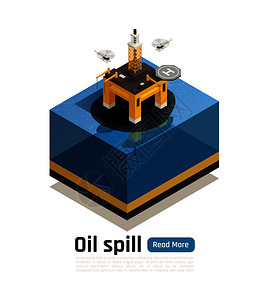 海洋污染等距成与阅读更多的按钮文本损坏的海洋平台与油点矢量插图图片
