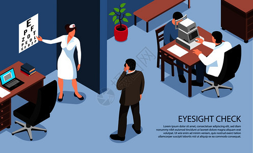 视力障碍者用眼科医生验光师矢量插图进行眼睛检查测试的盲等距水平横幅图片