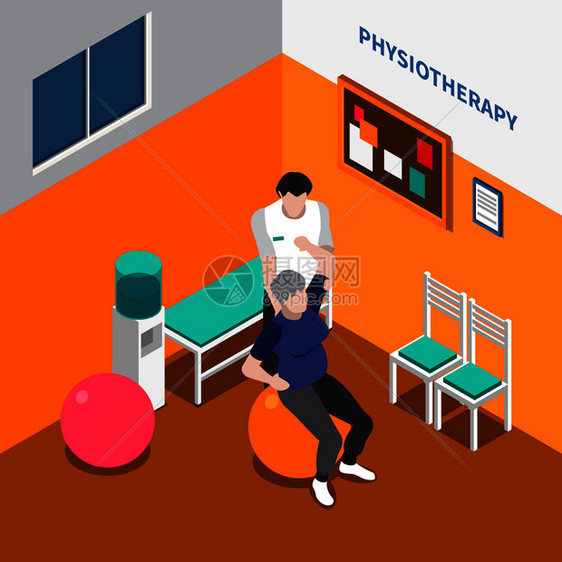 理疗康复等距海报与物理治疗师体育锻炼给病人用辅助工具矢量插图图片