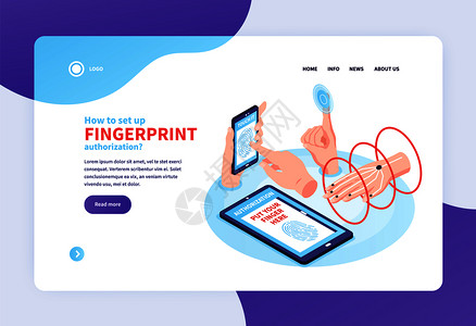 等距生物识别横幅网站登陆页与可点击链接人手图像矢量插图图片
