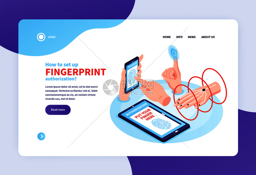 等距生物识别横幅网站登陆页与可点击链接人手图像矢量插图图片