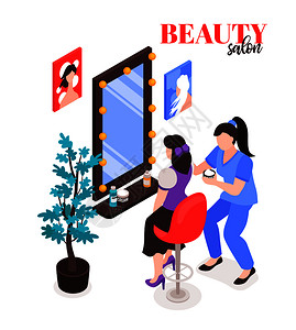 等距美容院构图与文字人物的女人化妆艺术家与镜子矢量插图图片