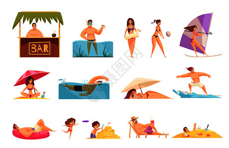 海滩度假平图像涂鸦风格的人物放松人空白背景矢量插图图片