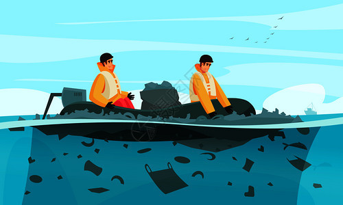 天然水污染合物与橡胶充气船中收集器的涂鸦特征与垃圾箱矢量插图图片