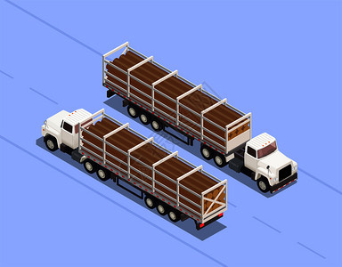 两个拖车装载木材原木隔离蓝色背景三维等距矢量插图图片