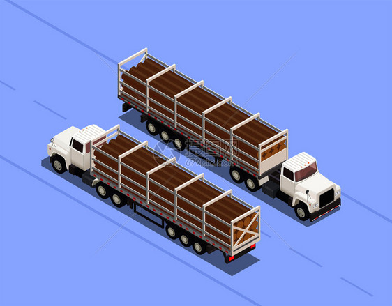 两个拖车装载木材原木隔离蓝色背景三维等距矢量插图图片