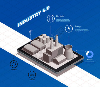 智能工业等距成与厂房三维矢量插图图片