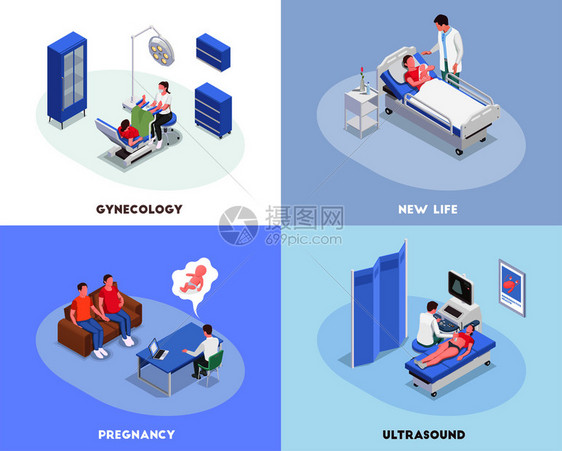 妊娠等距2x2与妇科医生咨询检查孕妇三维孤立向量插图图片