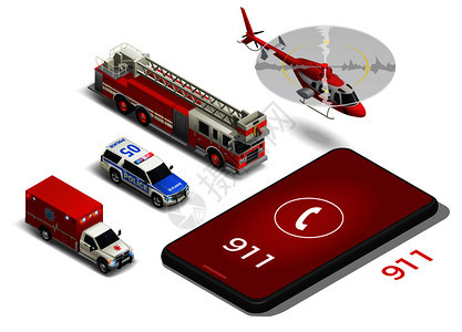等距图标与紧急服务运输智能手机拨打911号码隔离白色背景三维矢量插图图片