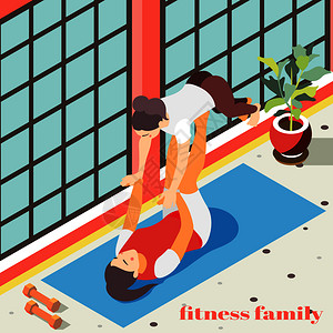 家庭健身等距背景与女人物杂技练健身房大厅平矢量插图图片