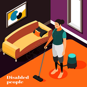 残疾人家务等距成与妇女戴假肢,真空清洁家庭背景矢量插图图片
