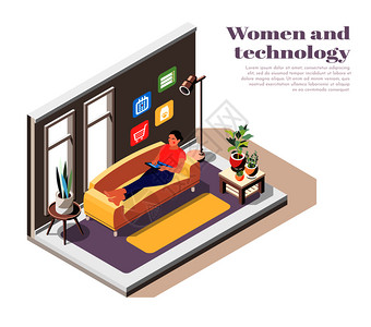 沙纹理妇女技术等距成与现代轻妇女躺沙发上,手里着平板电脑,并用互联网矢量插图插画