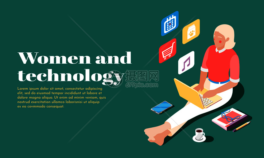 女技术等距横幅与女用笔记本电脑进行网上购物矢量插图图片