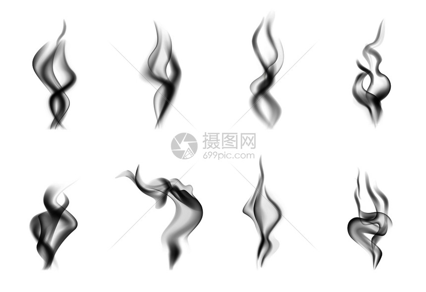 孤立现实的蒸汽烟雾黑色图标同的形状大小白色背景矢量插图图片