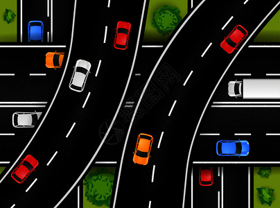 丹参段道路交叉口顶部景观成与户外风景高速公路驾驶与天桥彩色汽车