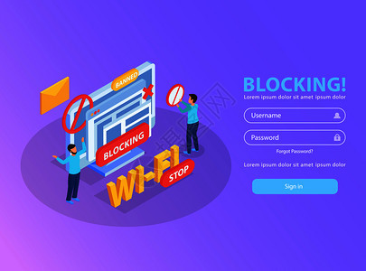 wifi网络阻塞计算机IP地址,用于滥用邮件等距背景成,并用禁用的符号矢量插图图片