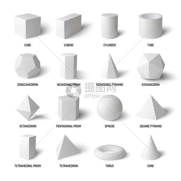 基本的三维形状,真实的白色圆柱体,圆锥立方体,管四体,孤立白色背景矢量插图上图片