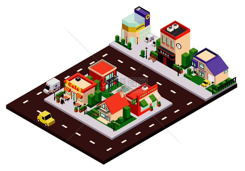 等距城市建筑与五颜六色的市政私人房屋成,街道矢量插图上标志汽车图片