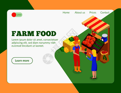 农场本地市场等距着陆页,可点击链接图像的人,食品产品文本矢量插图图片