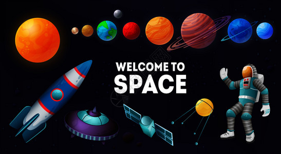 欢迎来太空,五颜六色的行星成太阳太阳站卫星航天器宇航员背景矢量插图图片