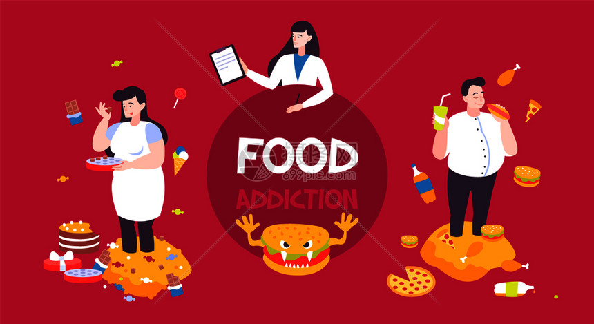 食物成瘾平背景与女医生胖子吃汉堡比萨饼巧克力蛋糕矢量插图插画图片