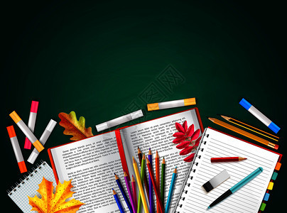 回学校现实背景与书籍,铅笔,蜡笔,秋叶,橡胶矢量插图图片