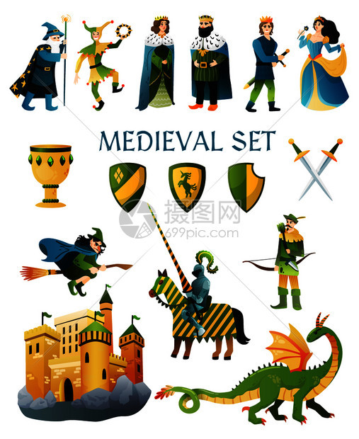 中世纪王国童话平图标城堡魔术师国王王后杰斯特女巫骑士矢量插图图片