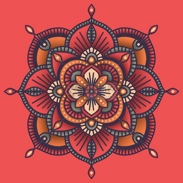彩色观赏花卉民族曼陀罗矢量插图