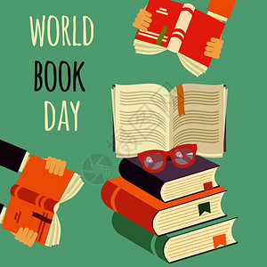 世界书日,叠带手眼镜的书,矢量插图图片