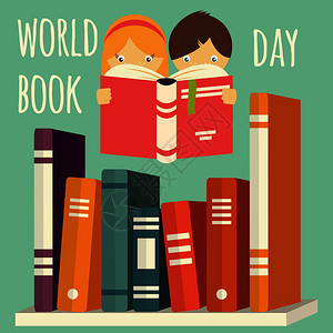 世界书日,女孩男孩阅读与堆书架子上,矢量插图图片