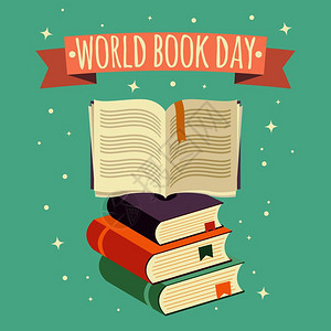 世界书日,打开带节日横幅的书叠书,矢量插图图片