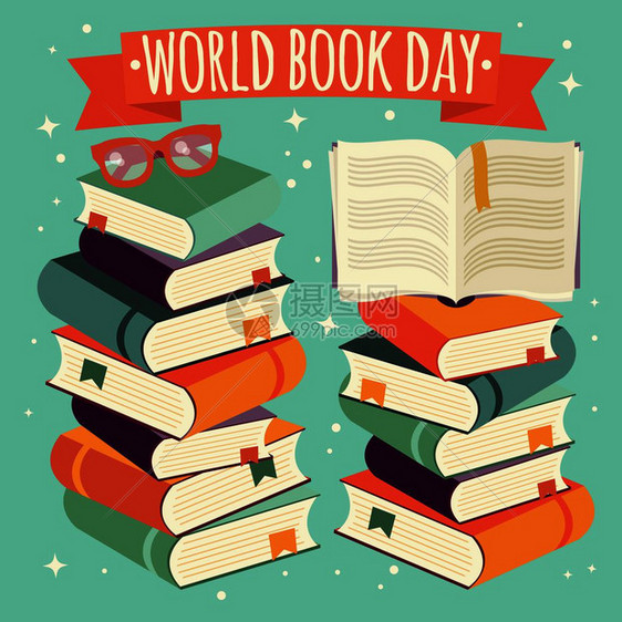 世界书日,打开书堆上的书籍与眼镜薄荷背景,矢量插图图片
