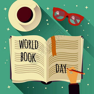 世界书日,打开书与手写作,咖啡杯眼镜,矢量插图图片