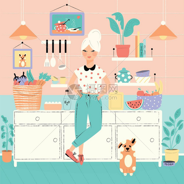 厨房里的个女人带着食物狗家庭氛围,健康食品,世界美食日平矢量插图图片