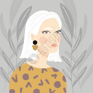 个白发女孩的肖像与图案毛衣耳环,灰色植物背景,平矢量插图背景图片