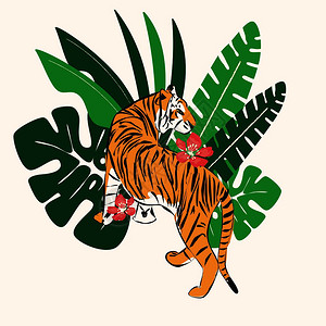老虎和猫手绘老虎与异国热带树叶,平矢量插图插画