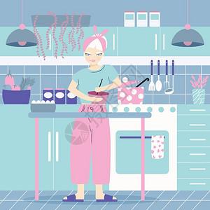 个女人厨房饭,带着食物家庭氛围,健康食品,世界美食日平矢量插图图片