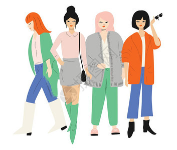 四个穿着秋装的轻女人站着走着白色上隔离平矢量插图图片