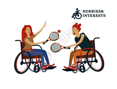 个男人个坐轮椅的女人打网球社会残疾人社区的残疾人的爱好兴趣生活方式平卡通风格的矢量插图,白图片