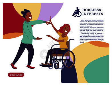 个男人个坐轮椅跳舞的女人社会残疾人社区的平卡通风格的矢量插图,白色的背景残疾人的爱好兴趣矢图片